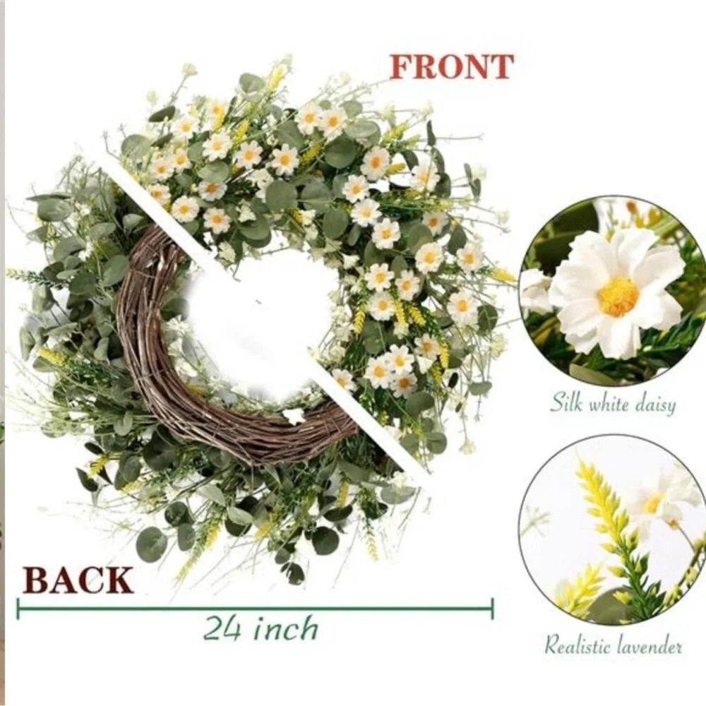 White Daisy Wreath 24 Inch Spring Summer Wreath Fake Silk Floral Wreath